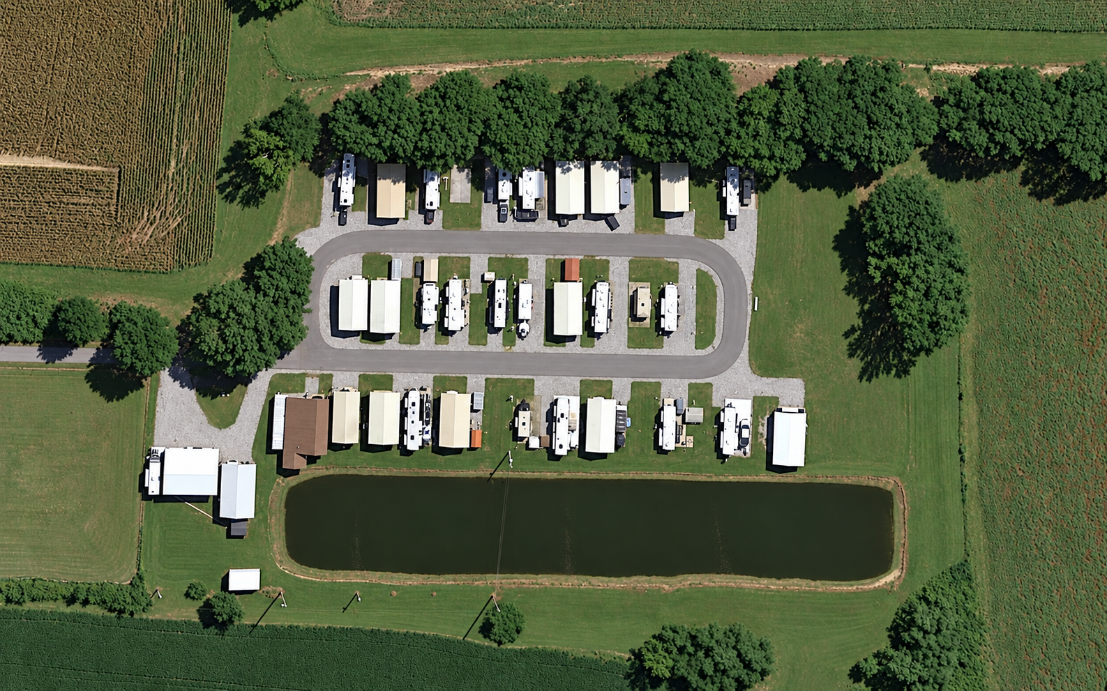 RV sites beside the peaceful pond at Casper Creek RV Park